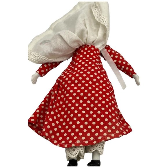 Porcelain Victorian Girl Doll Embroidered Red White Polka Dotted Dress Bonnet - Picture 8 of 15